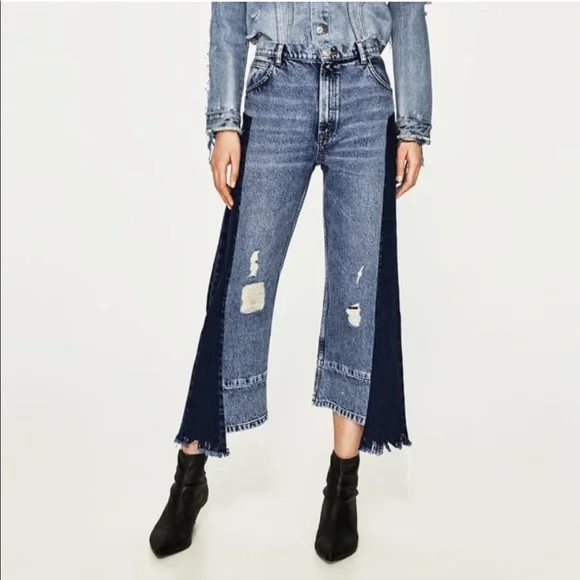 Blue Patchwork two tone denim asymmetric splice jeans Size 2 - Picture 12 of 12